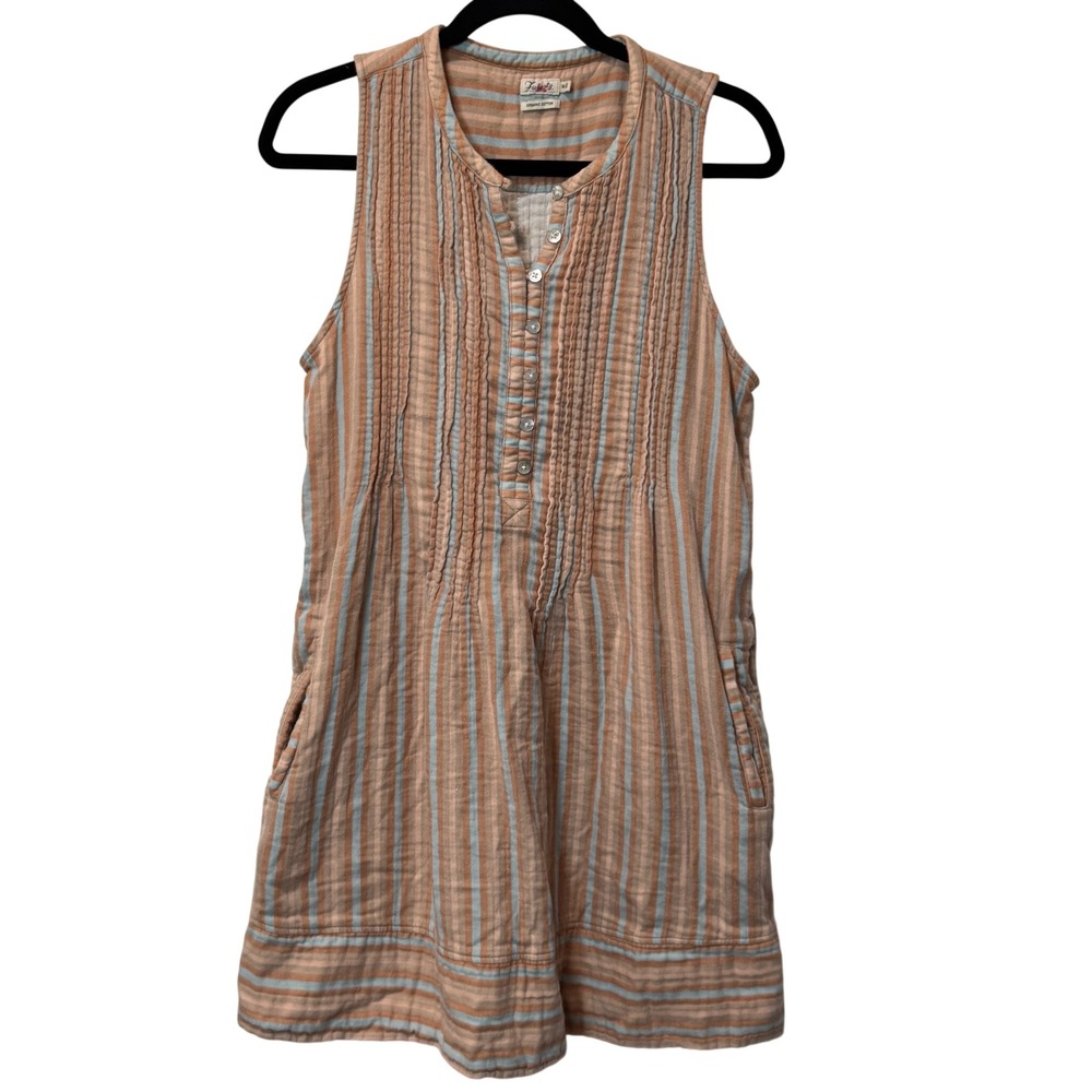 Faherty Isha Organic Cotton Gauze Pintuck Striped Sleeveless Boho Dress Medium